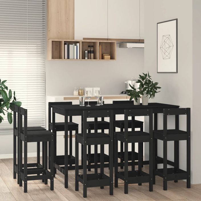 Ensemble de bar 9 pcs Noir Bois de pin massif - Photo n°1