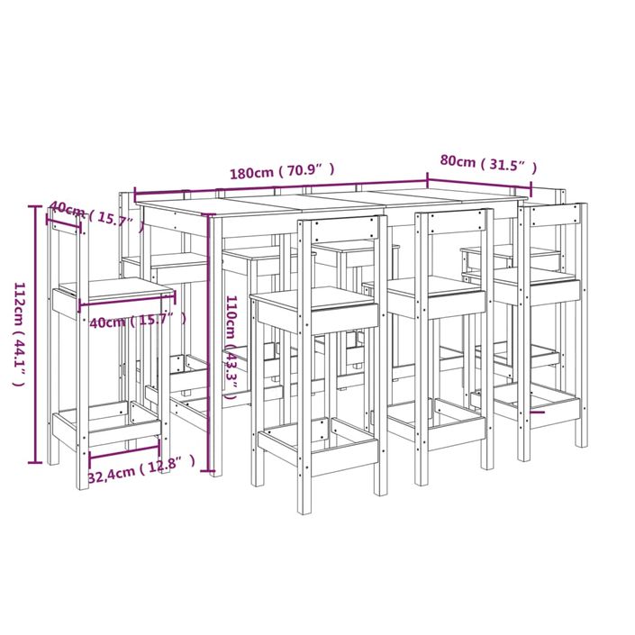 Ensemble de bar 9 pcs Noir Bois de pin massif - Photo n°9