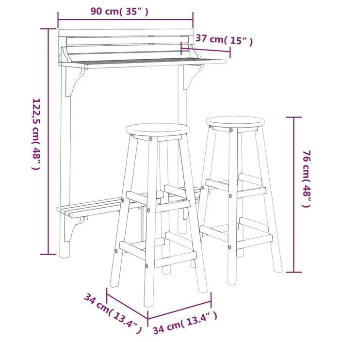 Ensemble de bar de balcon 3 pcs Bois d'acacia massif - Photo n°8