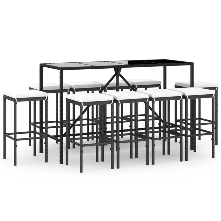 Ensemble de bar de jardin 11 pcs avec coussins noir poly rotin - Photo n°1