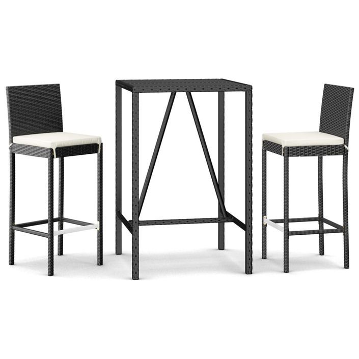 Ensemble de bar de jardin 3 pcs avec coussins noir poly rotin - Photo n°1