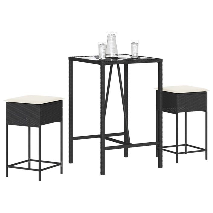 Ensemble de bar de jardin 3 pcs avec coussins noir poly rotin - Photo n°1