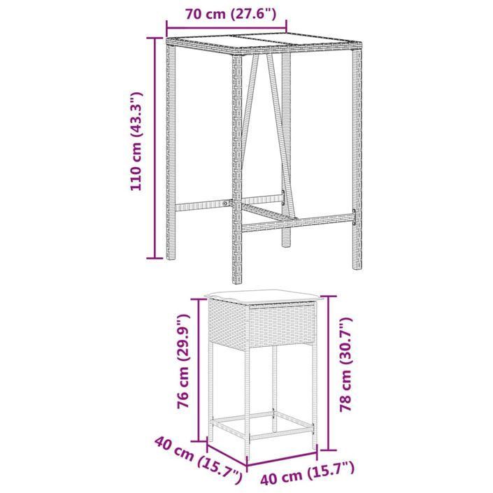 Ensemble de bar de jardin 3 pcs avec coussins noir poly rotin - Photo n°8