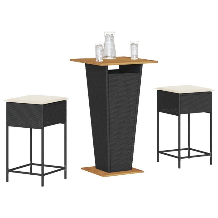 Ensemble de bar de jardin 3 pcs avec coussins noir poly rotin - Photo n°1