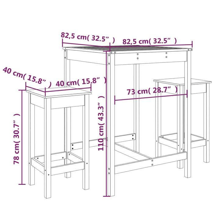 Ensemble de bar de jardin 3 pcs bois de pin massif - Photo n°9