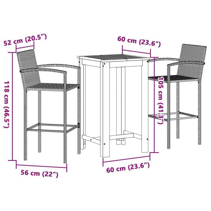 Ensemble de bar de jardin 3 pcs noir bois massif acacia rotin - Photo n°11