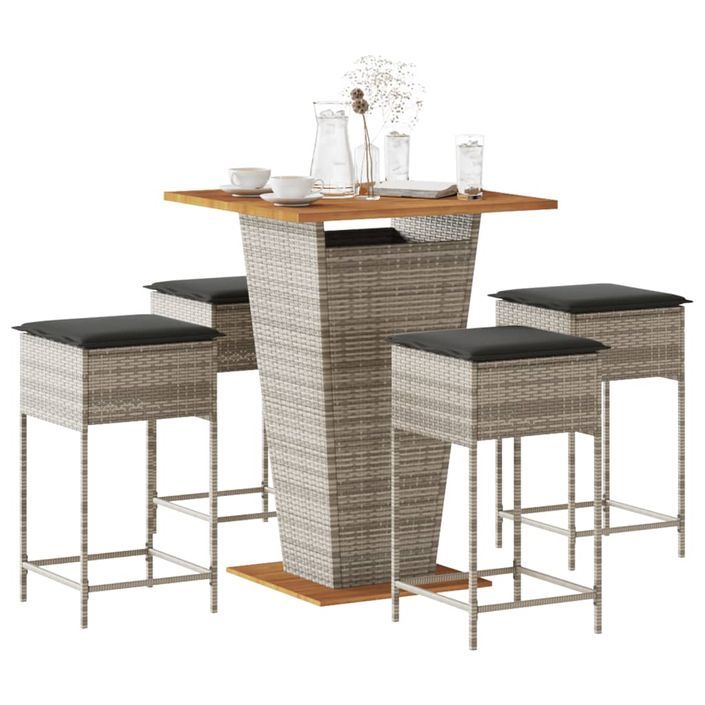 Ensemble de bar de jardin 5 pcs avec coussins gris poly rotin - Photo n°1