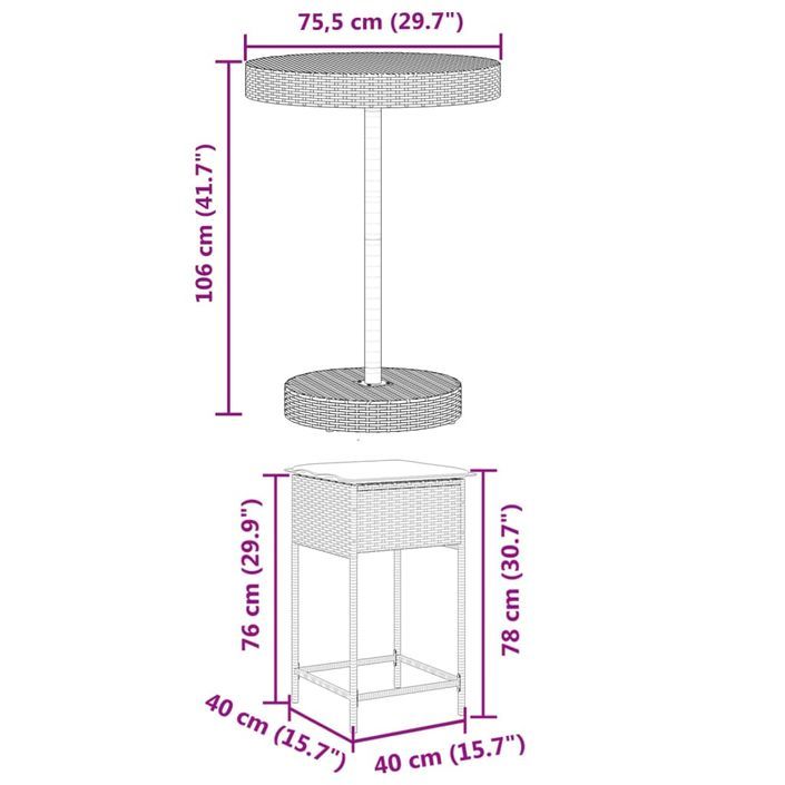 Ensemble de bar de jardin 5 pcs avec coussins noir poly rotin - Photo n°8