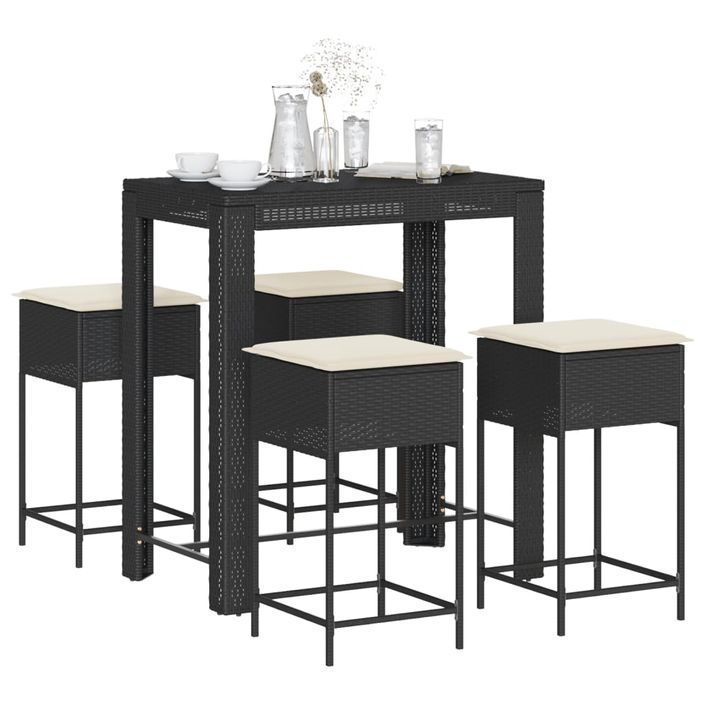 Ensemble de bar de jardin 5 pcs avec coussins noir poly rotin - Photo n°1