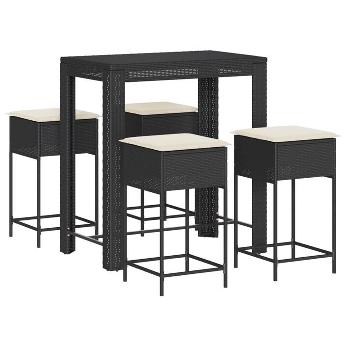 Ensemble de bar de jardin 5 pcs avec coussins noir poly rotin - Photo n°2