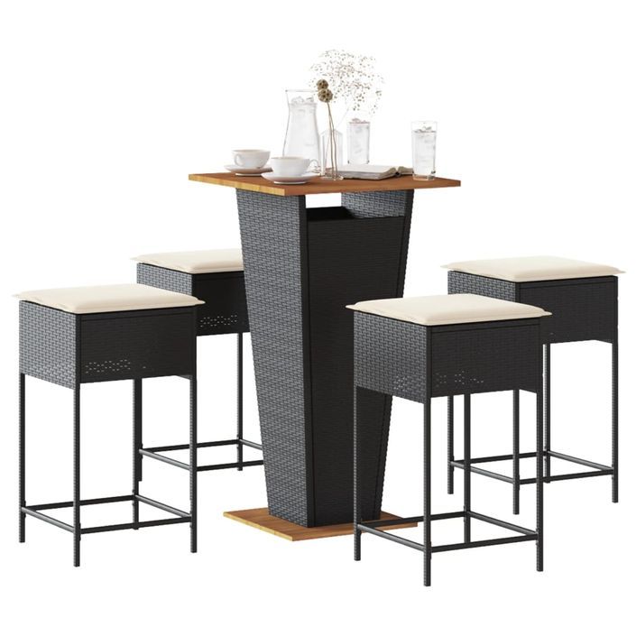 Ensemble de bar de jardin 5 pcs avec coussins noir poly rotin - Photo n°1