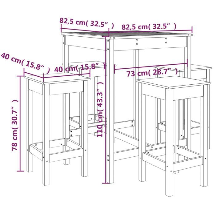 Ensemble de bar de jardin 5 pcs bois de pin massif - Photo n°10