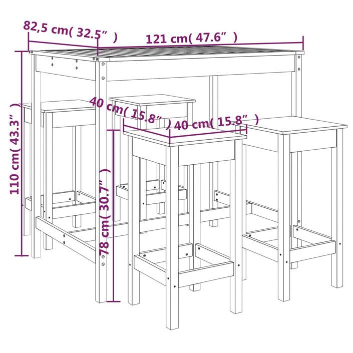 Ensemble de bar de jardin 5 pcs bois de pin massif - Photo n°10