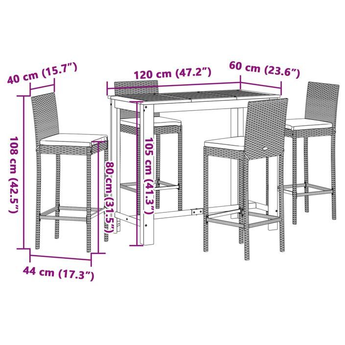 Ensemble de bar de jardin 5 pcs gris bois massif acacia rotin - Photo n°11