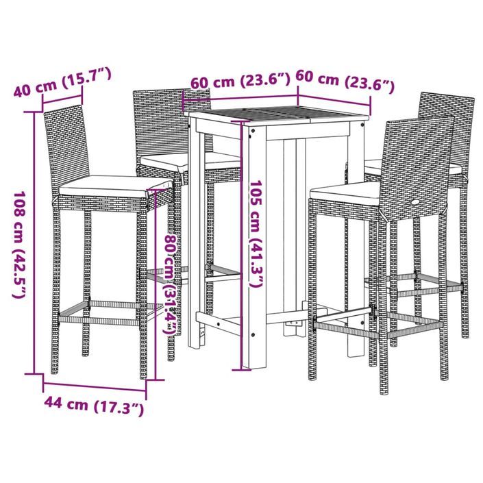 Ensemble de bar de jardin 5 pcs gris bois massif acacia rotin - Photo n°11