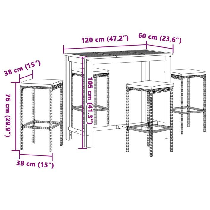 Ensemble de bar de jardin 5 pcs gris bois massif acacia rotin - Photo n°11