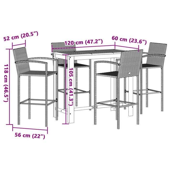 Ensemble de bar de jardin 5 pcs gris bois massif acacia rotin - Photo n°11