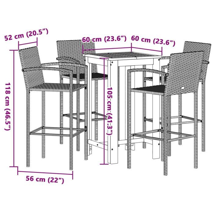 Ensemble de bar de jardin 5 pcs gris bois massif acacia rotin - Photo n°11