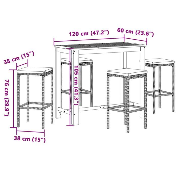 Ensemble de bar de jardin 5 pcs marron bois massif acacia rotin - Photo n°11