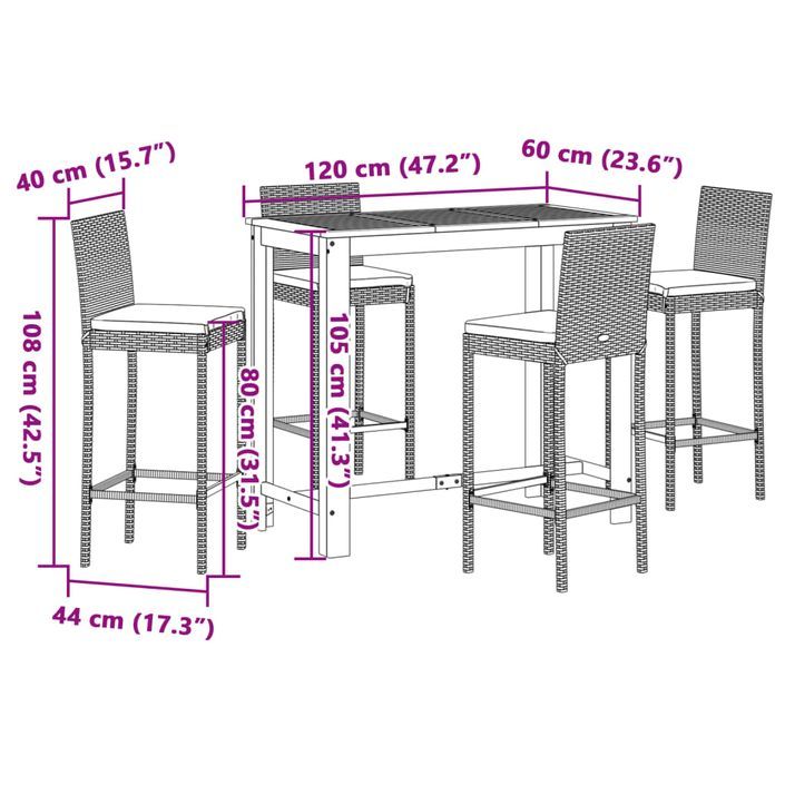 Ensemble de bar de jardin 5 pcs noir bois massif acacia rotin - Photo n°11