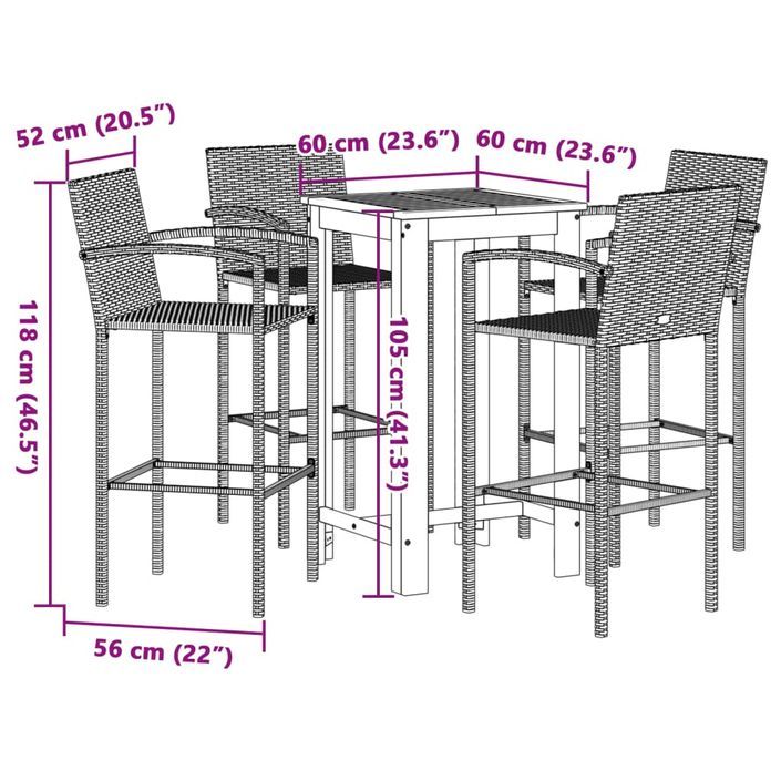 Ensemble de bar de jardin 5 pcs noir bois massif acacia rotin - Photo n°11