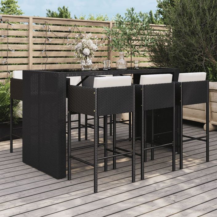 Ensemble de bar de jardin 7 pcs avec coussins noir poly rotin - Photo n°2