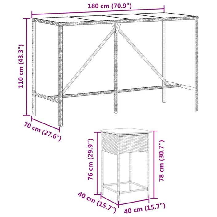 Ensemble de bar de jardin 7 pcs avec coussins noir poly rotin - Photo n°8