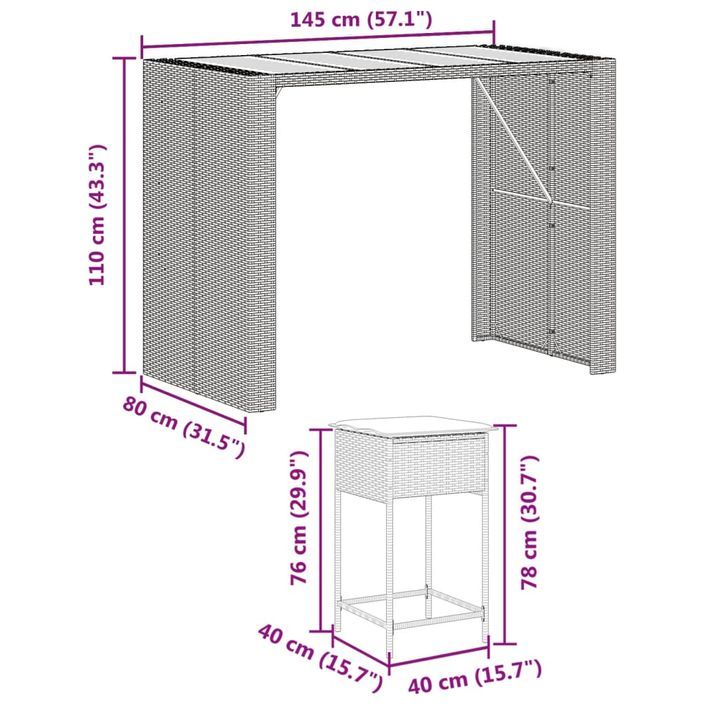 Ensemble de bar de jardin 7 pcs avec coussins noir poly rotin - Photo n°8