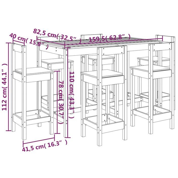 Ensemble de bar de jardin 7 pcs Bois de pin massif - Photo n°10