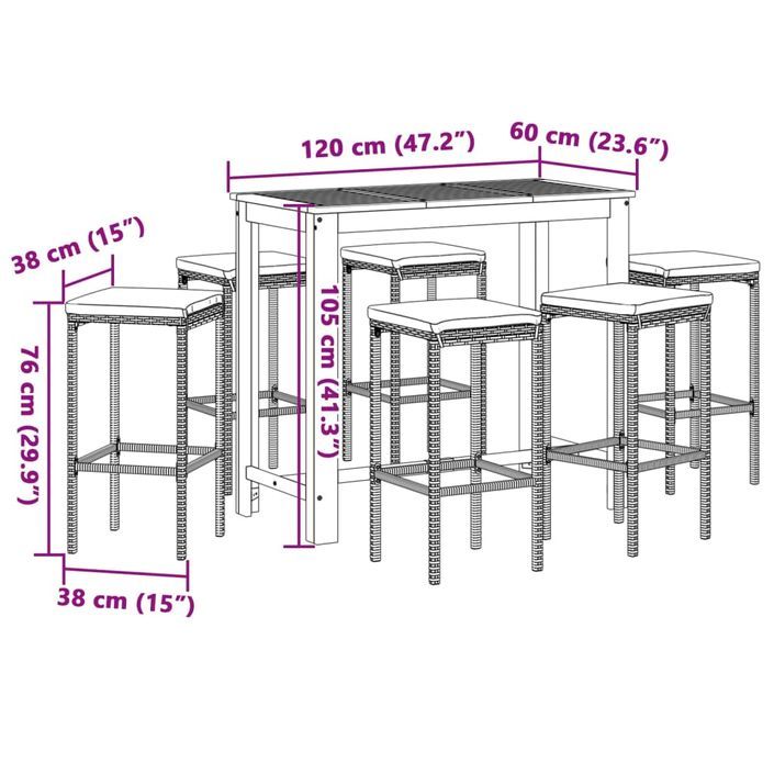 Ensemble de bar de jardin 7 pcs gris bois massif acacia rotin - Photo n°11