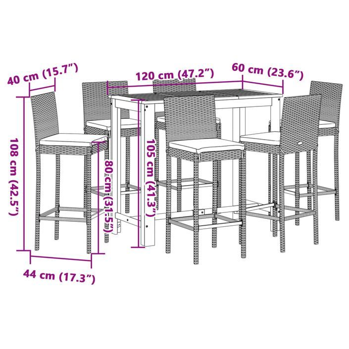 Ensemble de bar de jardin 7 pcs gris bois massif acacia rotin - Photo n°11