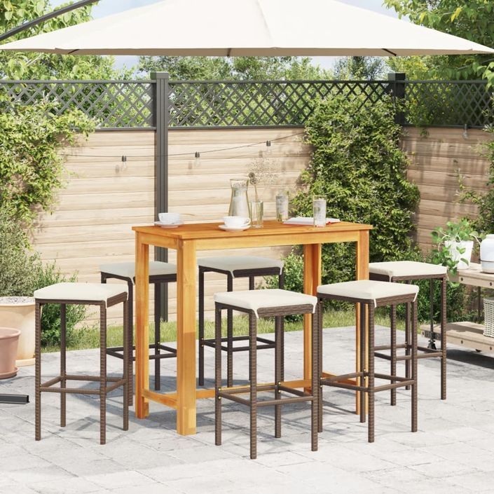 Ensemble de bar de jardin 7 pcs marron bois massif acacia rotin - Photo n°3