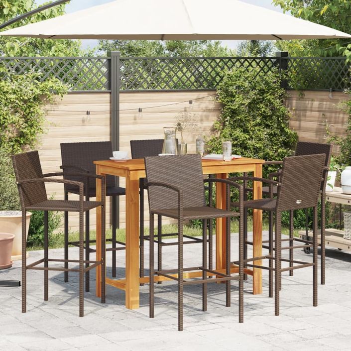 Ensemble de bar de jardin 7 pcs marron bois massif acacia rotin - Photo n°3