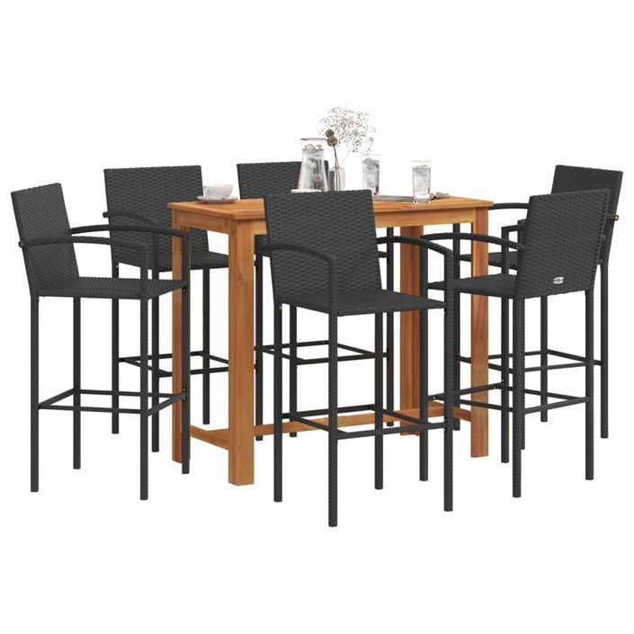 Ensemble de bar de jardin 7 pcs noir bois massif acacia rotin - Photo n°1