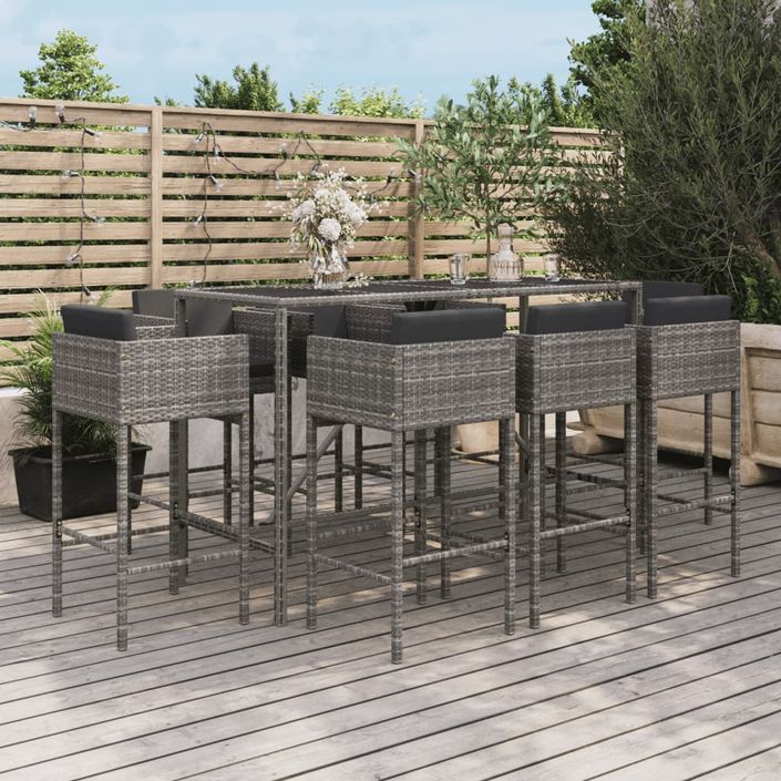 Ensemble de bar de jardin 9 pcs avec coussins gris poly rotin - Photo n°2