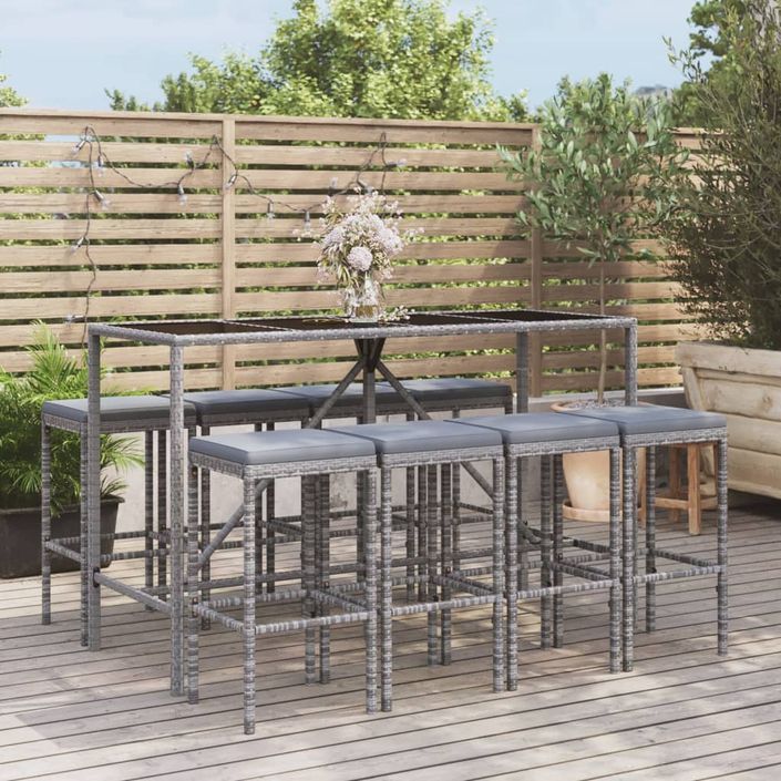 Ensemble de bar de jardin 9 pcs avec coussins gris poly rotin - Photo n°2