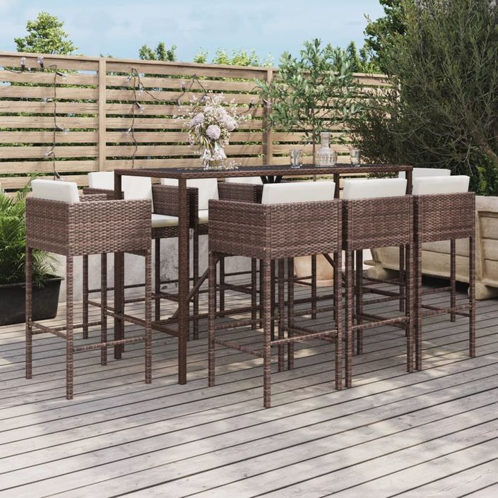 Ensemble de bar de jardin 9 pcs avec coussins marron poly rotin - Photo n°2