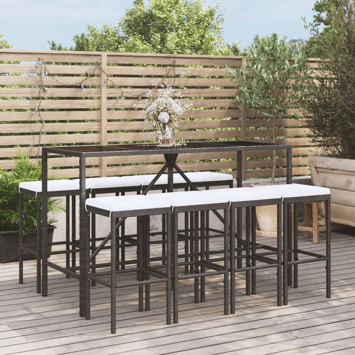 Ensemble de bar de jardin 9 pcs avec coussins noir poly rotin - Photo n°2