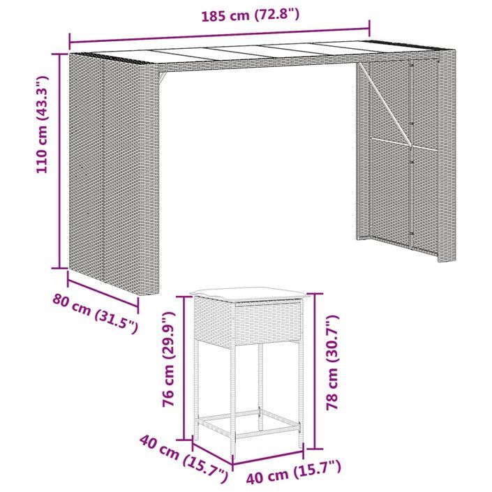 Ensemble de bar de jardin 9 pcs avec coussins noir poly rotin - Photo n°8