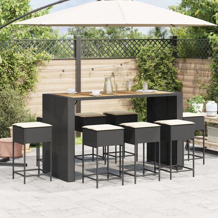 Ensemble de bar de jardin 9 pcs avec coussins noir poly rotin - Photo n°3