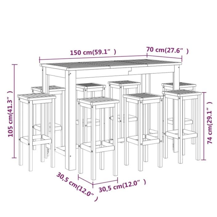 Ensemble de bar de jardin 9 pcs Bois d'acacia solide - Photo n°9