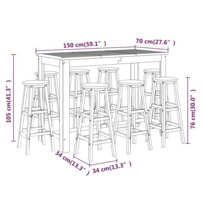 Ensemble de bar de jardin 9 pcs Bois d'acacia solide - Photo n°9