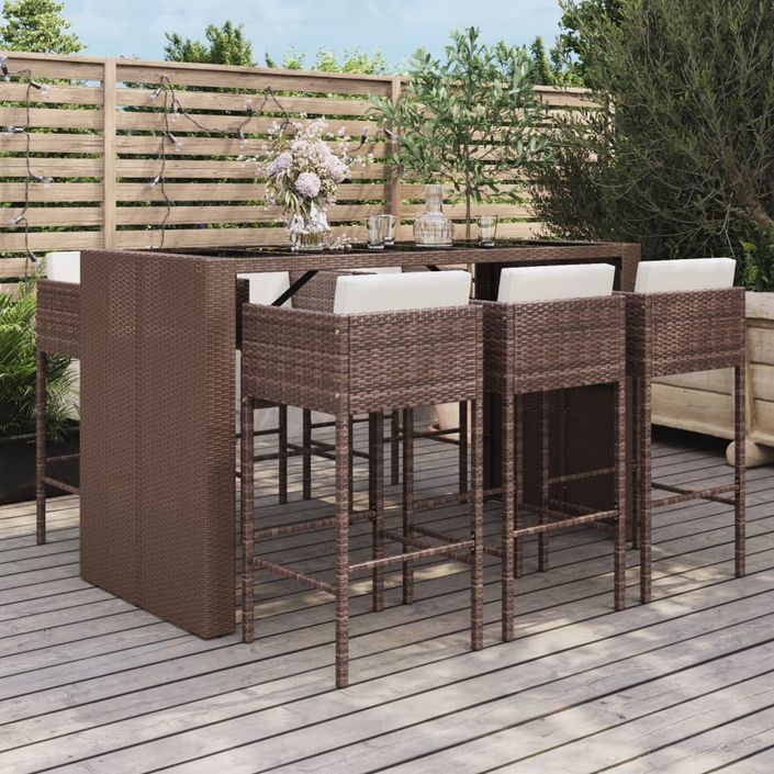 Ensemble de bar de jardin avec coussins 7 pcs marron poly rotin - Photo n°2