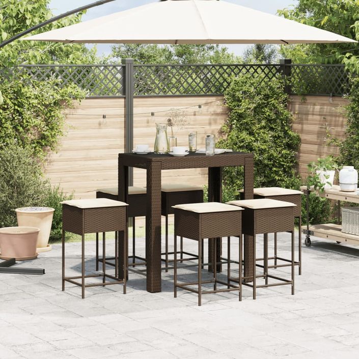 Ensemble de bar de jardin avec coussins 7 pcs marron poly rotin - Photo n°3