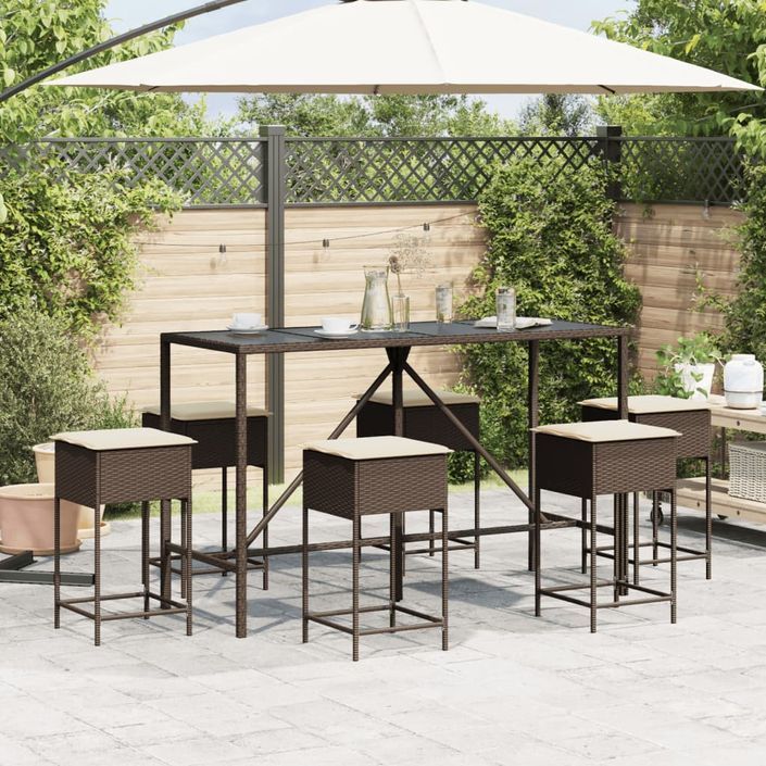 Ensemble de bar de jardin avec coussins 7 pcs marron poly rotin - Photo n°3