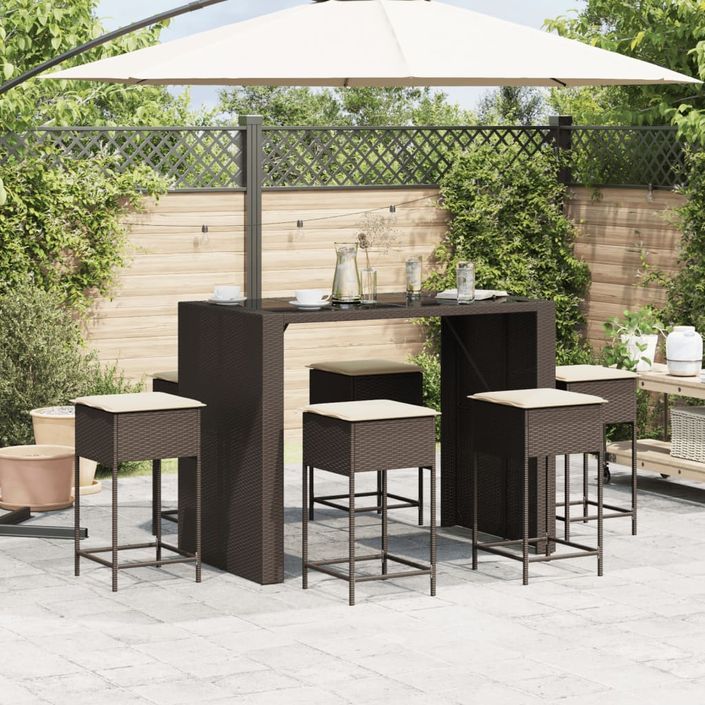 Ensemble de bar de jardin avec coussins 7 pcs marron poly rotin - Photo n°3