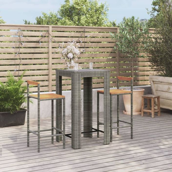 Ensemble de bar jardin 3 pcs gris poly rotin/bois massif acacia - Photo n°2