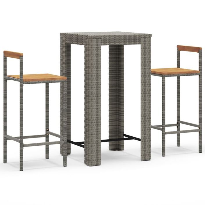 Ensemble de bar jardin 3 pcs gris poly rotin/bois massif acacia - Photo n°1