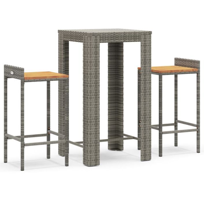 Ensemble de bar jardin 3 pcs gris poly rotin/bois massif acacia - Photo n°1