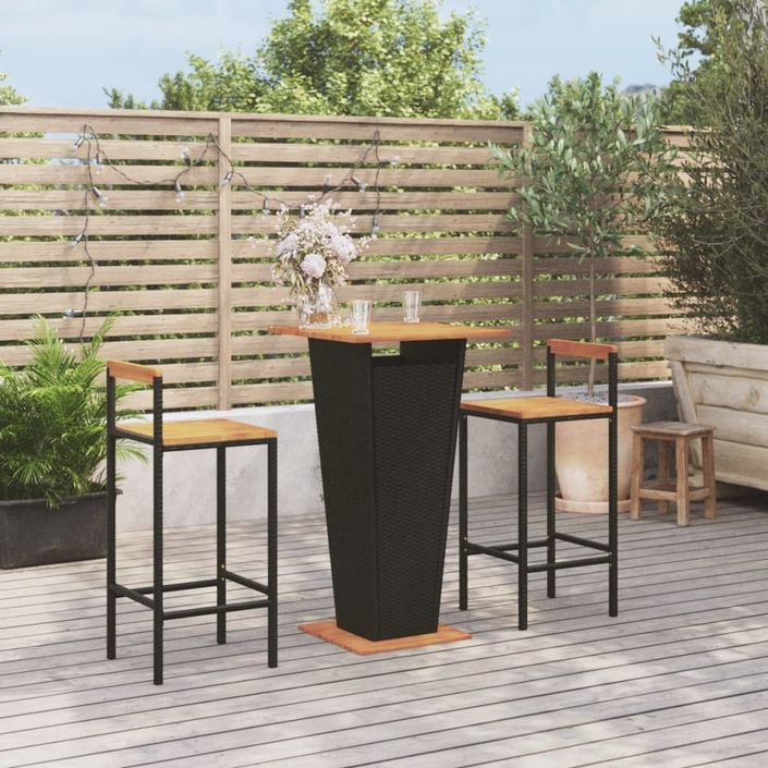 Ensemble de bar jardin 3 pcs noir poly rotin/bois massif acacia - Photo n°2